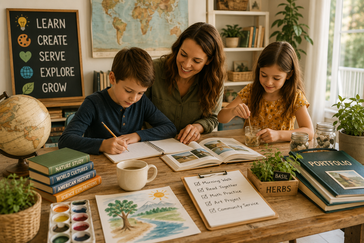 Homeschool family learning together through real-world activities